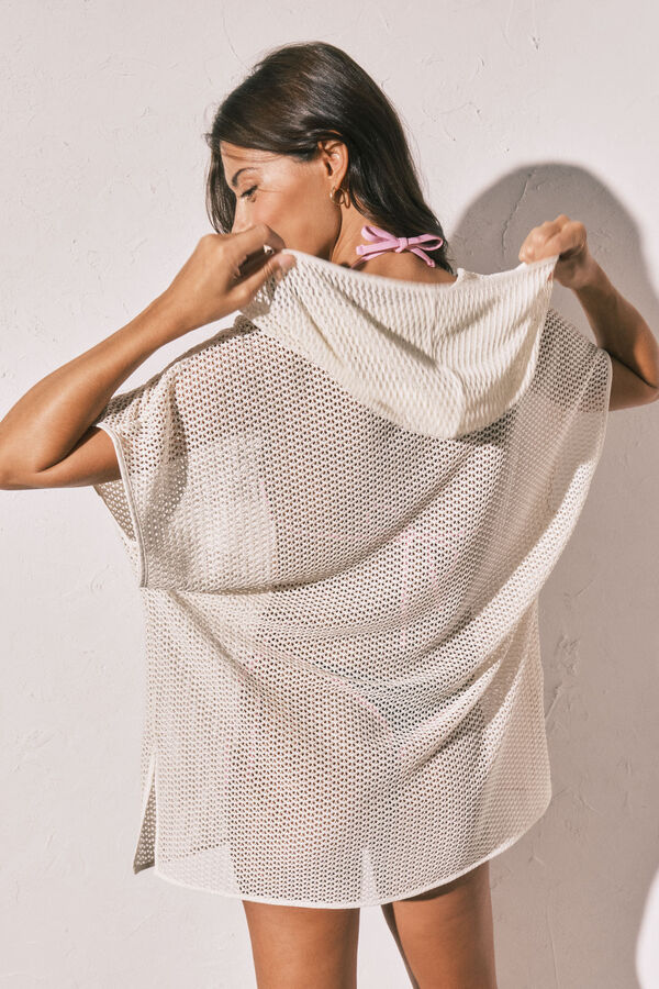 Women'secret T&uacute;nica corta con capucha efecto red beige marfil