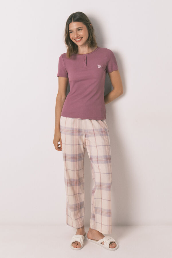 Womensecret Pijama larga con estampado de cuadros rosas rosa