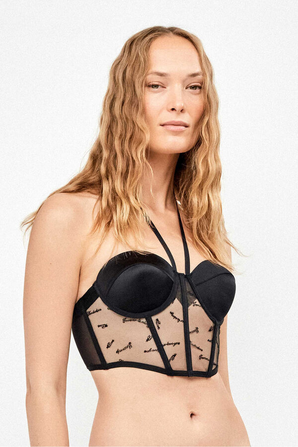 Gisela Brasier bustier de tul bordado y sat&eacute;n negro