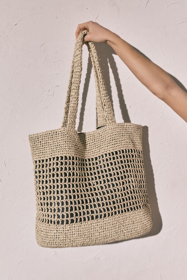 Women'secret Bolsa tote grande de rafia natural caf&eacute;