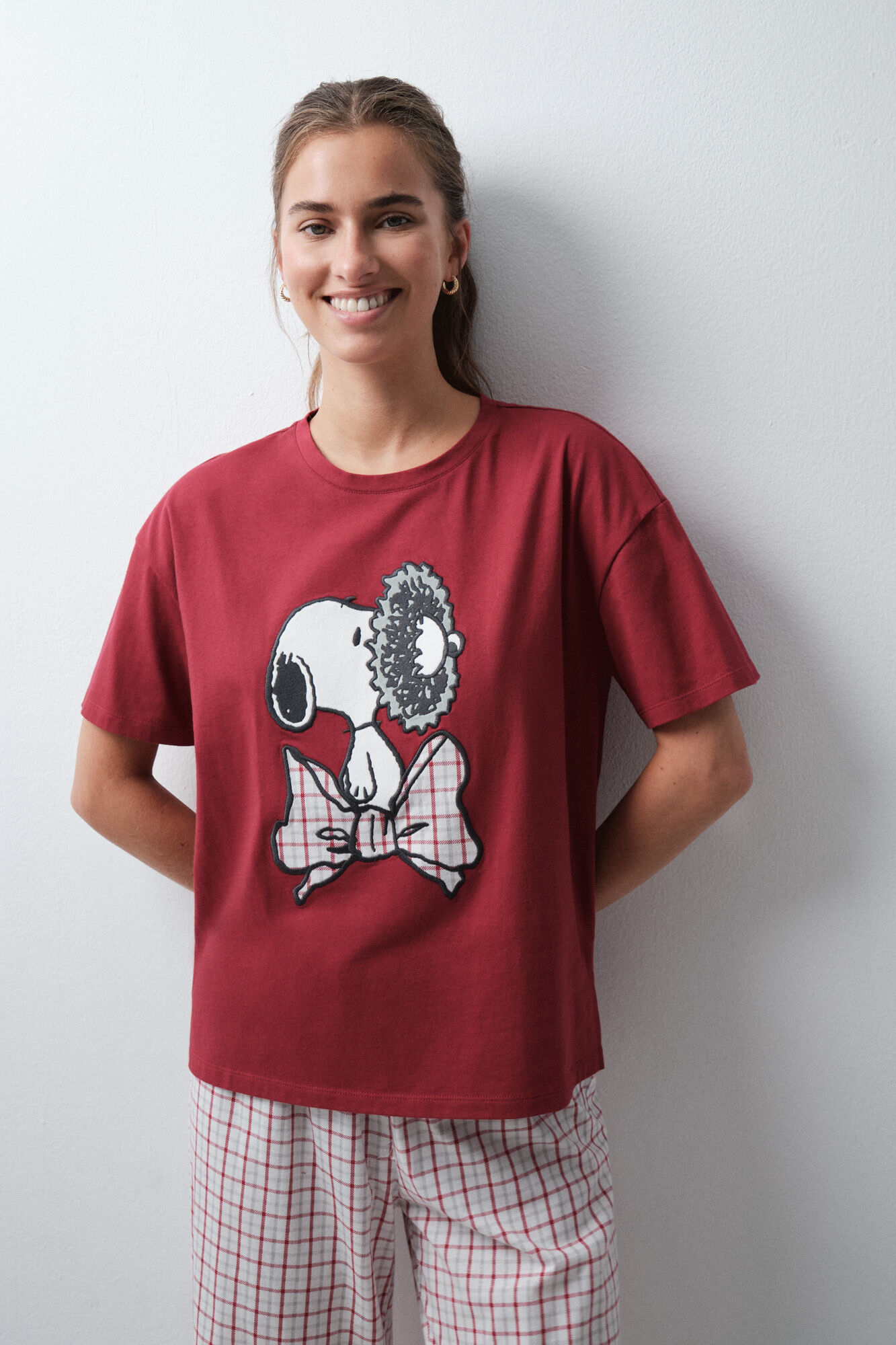 Women'secret Pijama larga manga corta Snoopy a cuadros rojo de algod&oacute;n