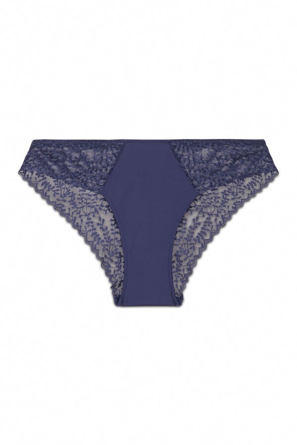 Women'secret Panty clásica de microfibra y encaje azul azul