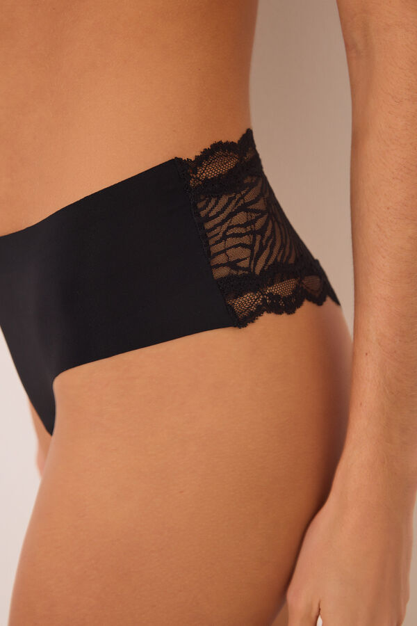 Womensecret Panty brasileña ancha de microfibra y encaje negro negro
