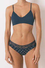 Womensecret Panty ancha de algodón con estampado de encaje azul marino azul
