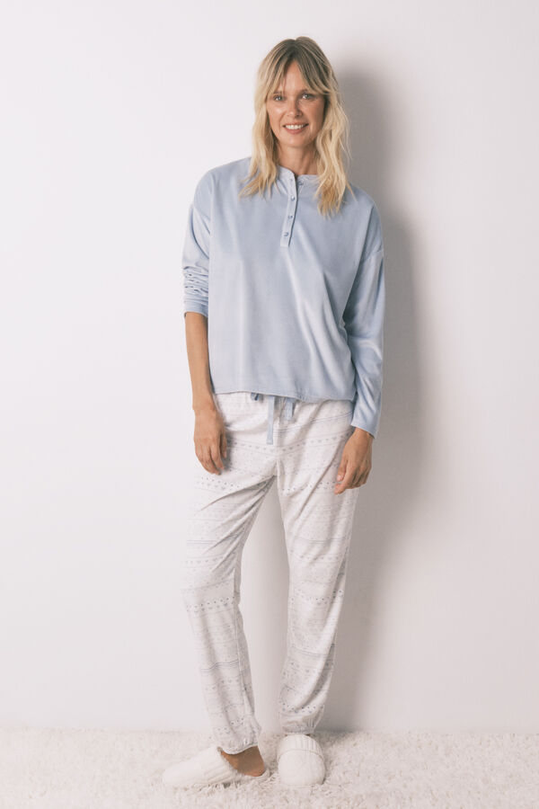 Women'secret Pijama larga polar suave cenefas azul azul