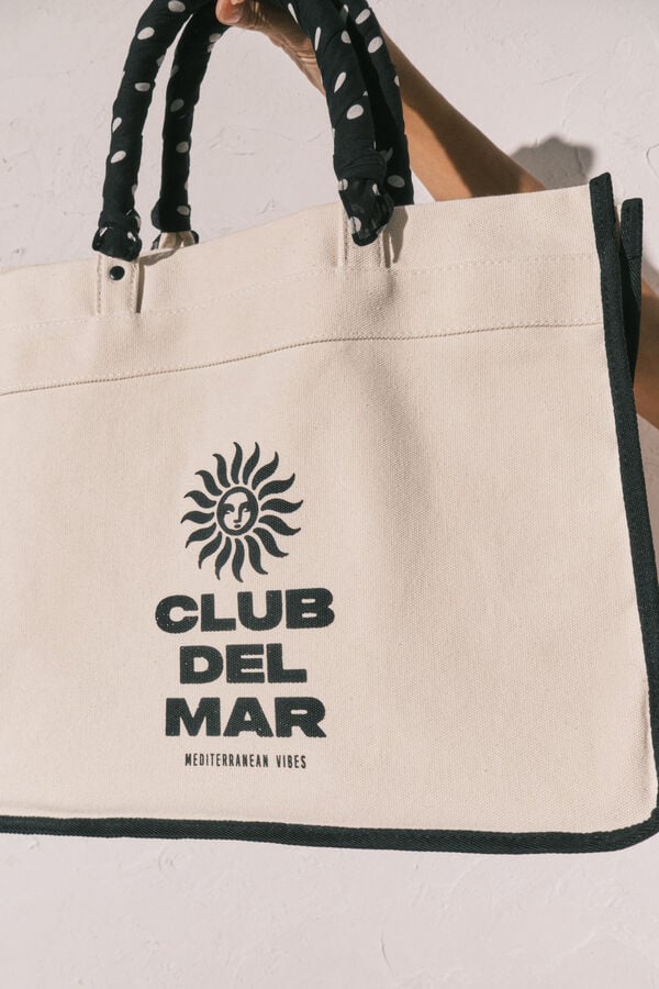 Women'secret Bolsa grande estampada de lona beige marfil