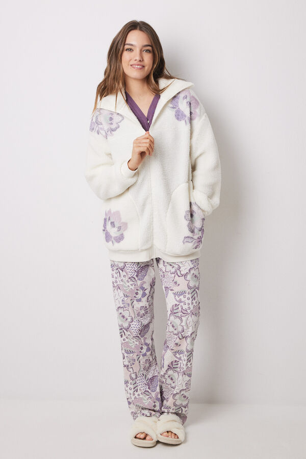 Womensecret Bata corta borreguito blanco flores marfil