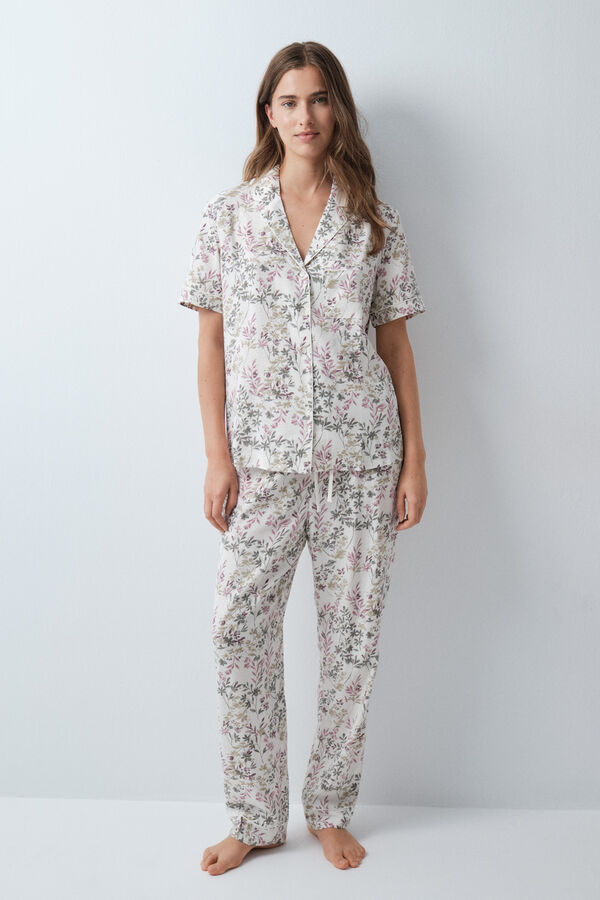 Women'secret Pijama larga camisera de manga corta con estampado floral marfil