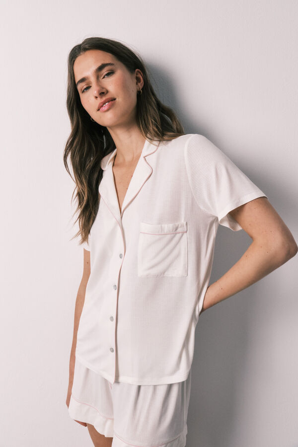 Women'secret Pijama corta camisera de rayas marfil