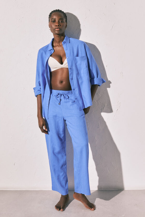 Women'secret Pantal&oacute;n largo de lino azul azul