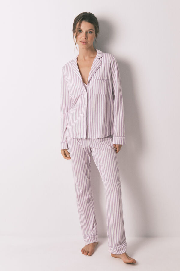 Women'secret Pijama camisera 100% algodón con rayas lilas morado/lila