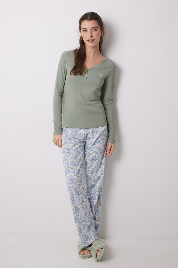 Womensecret Pijama larga 100% algodón canalé verde flores kaki