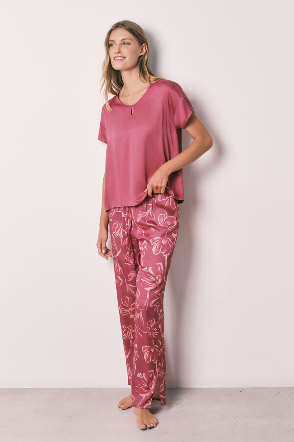 Women'secret Pijama larga de manga corta satinada granate rosa