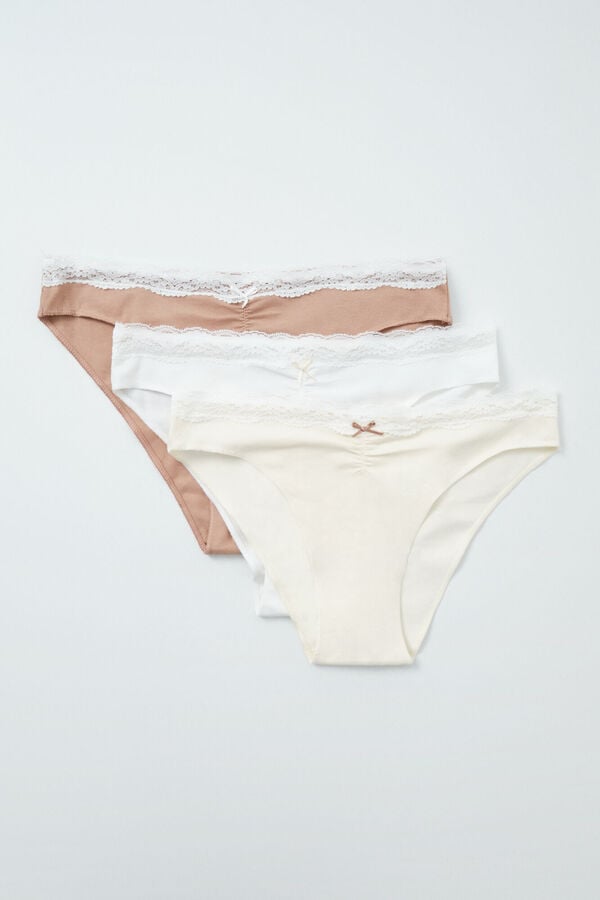 Women'secret Pack 3 bragas cl&aacute;sicas algod&oacute;n lisas encaje blanco