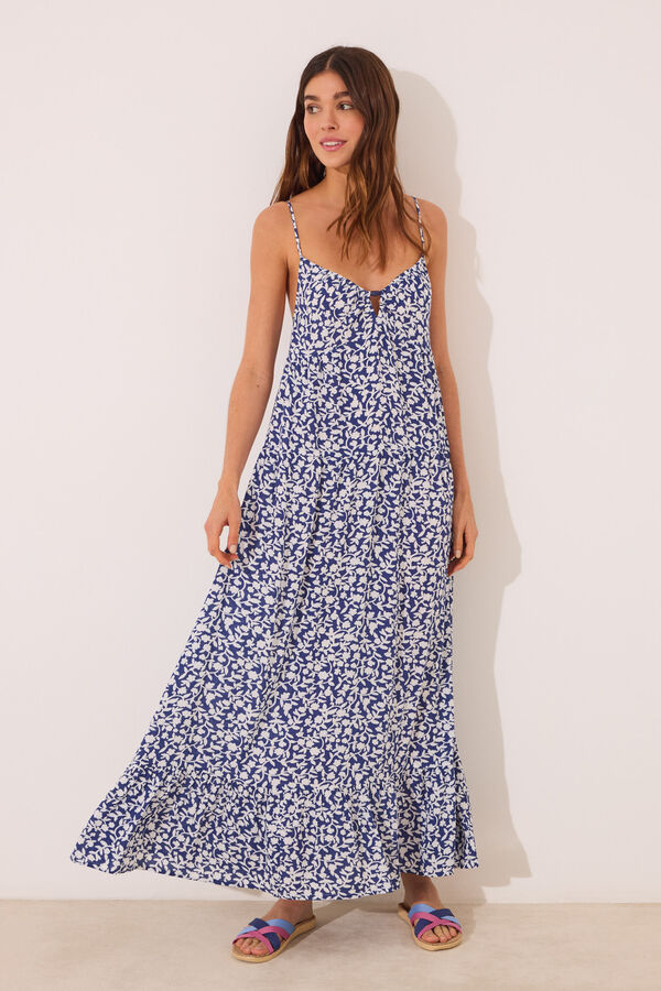 Womensecret Vestido largo con tirantes y estampado azul estampado