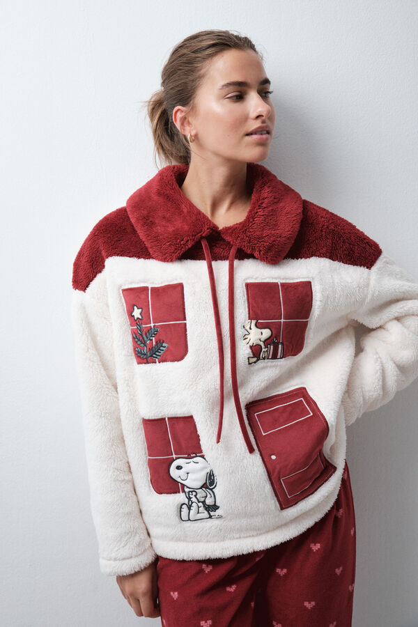 Women'secret Pijama larga fluffy y polar Snoopy marfil