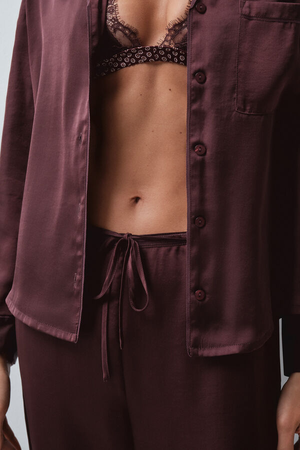 Women'secret Pijama larga camisera satinada granate p&uacute;rpura