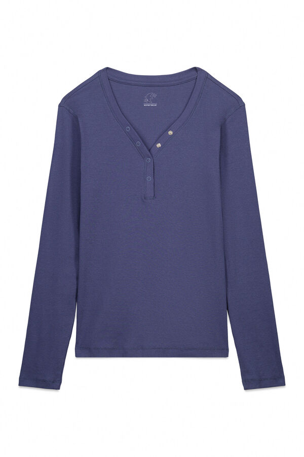 Women'secret Playera manga larga acanalada de algod&oacute;n azul azul