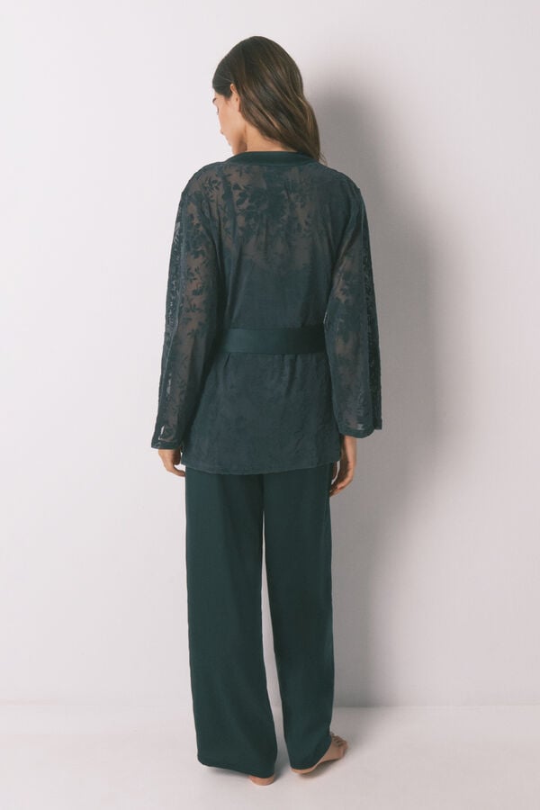 Women'secret Conjunto de pijama de satén y encaje verde verde