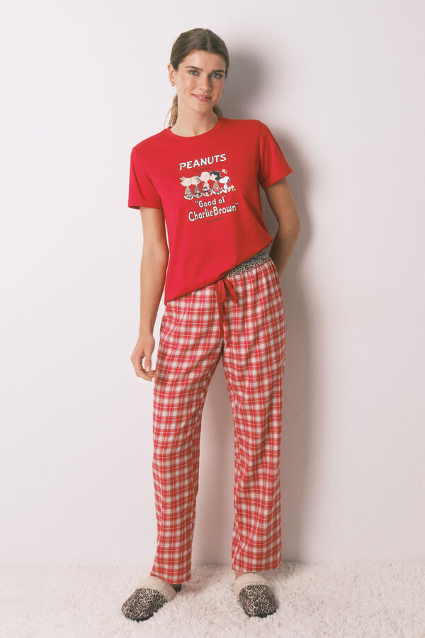 Women'secret Pijama larga 100% algodón con estampado de cuadros de Snoopy rojo