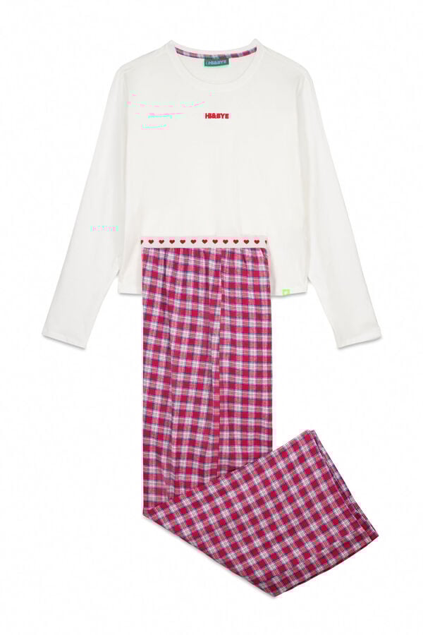 HI&BYE Pijama larga 100% algod&oacute;n con estampado vichy rojo marfil