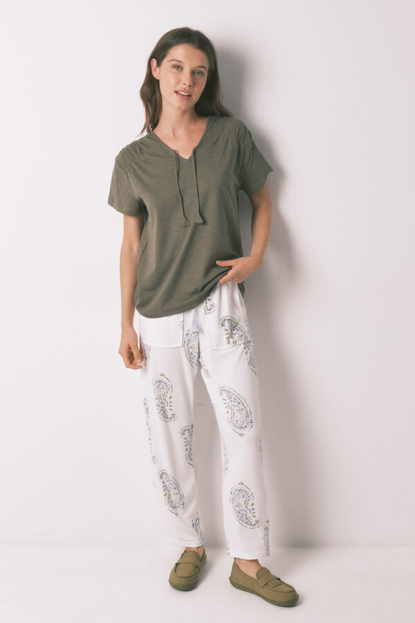 Women'secret Playera de manga corta con frunce de algod&oacute;n verde kaki