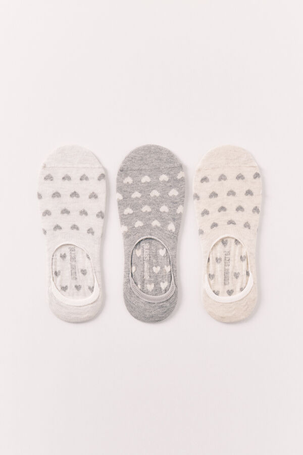 Women'secret Pack de 3 calcetines invisibles estampado de corazones gris