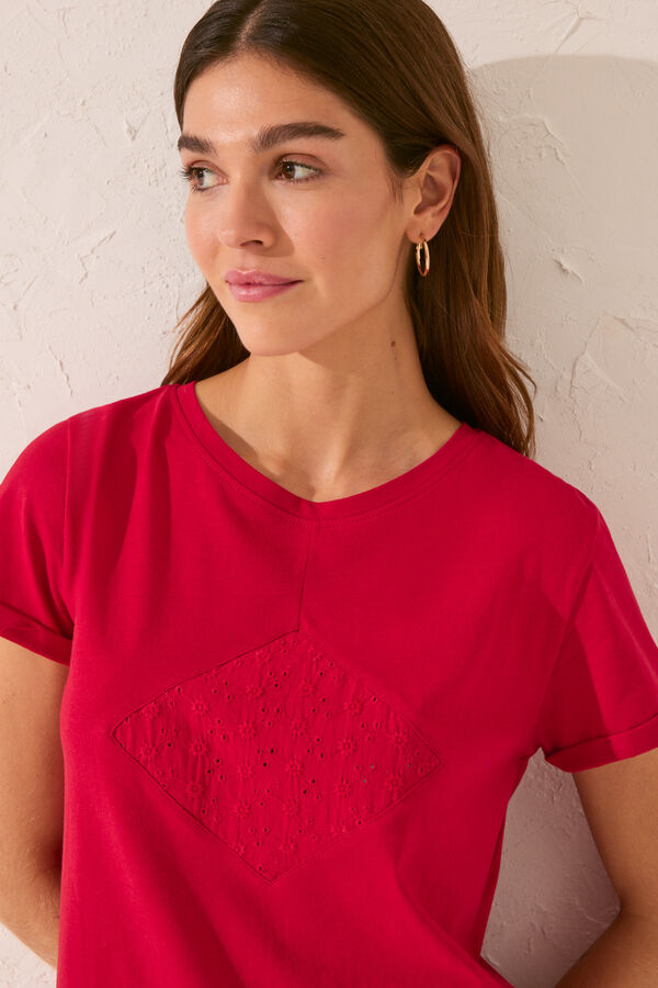 Womensecret Playera de manga corta 100% algodón con bordado rojo rojo