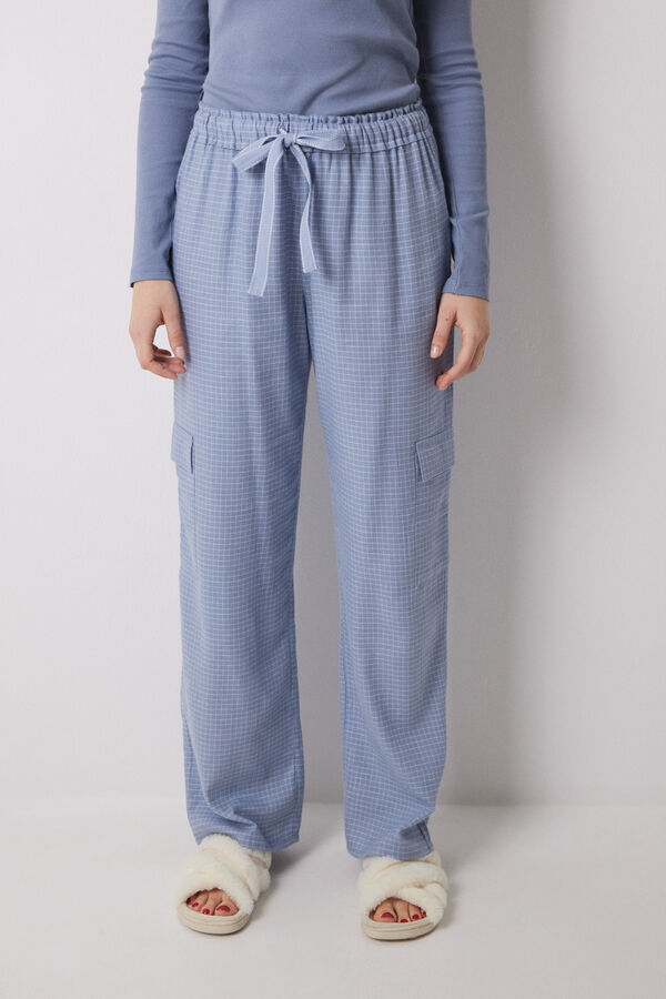 Womensecret Pantalón cargo largo con estampado de cuadros azul