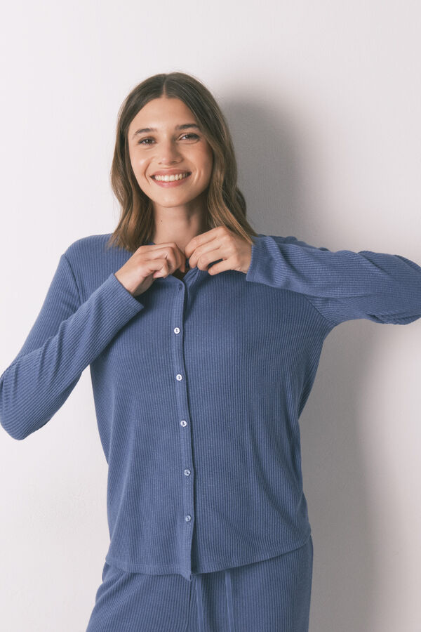 Women'secret Pijama larga rib con efecto brillante azul azul