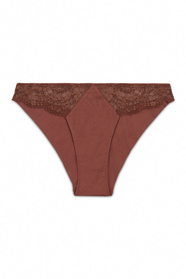 Women'secret Panty clásica de encaje marrón café