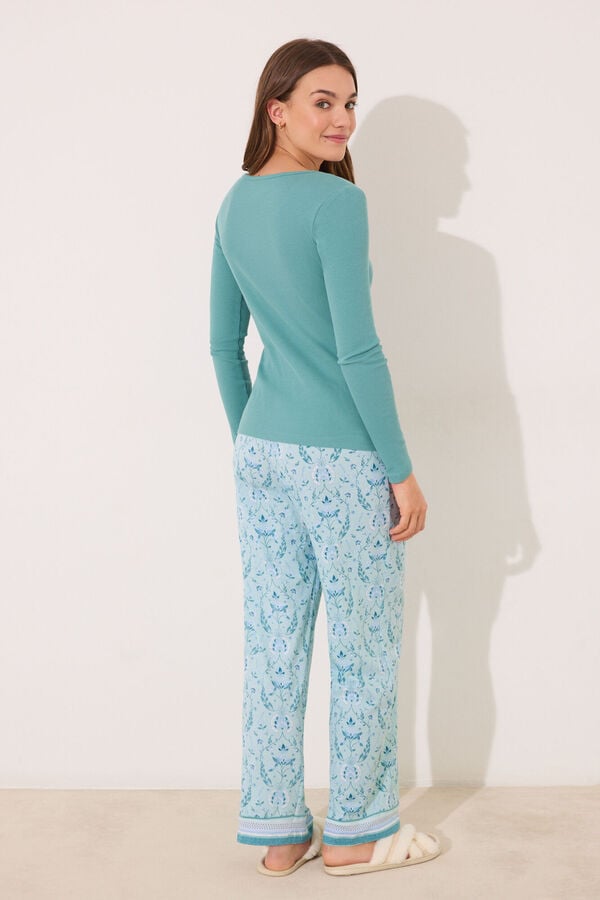 Womensecret Pijama larga verde esmeralda con flores verde