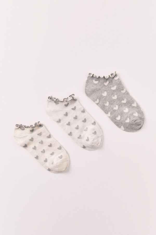 Women'secret Paquete de 3 calcetines tobilleros estampado de corazones gris