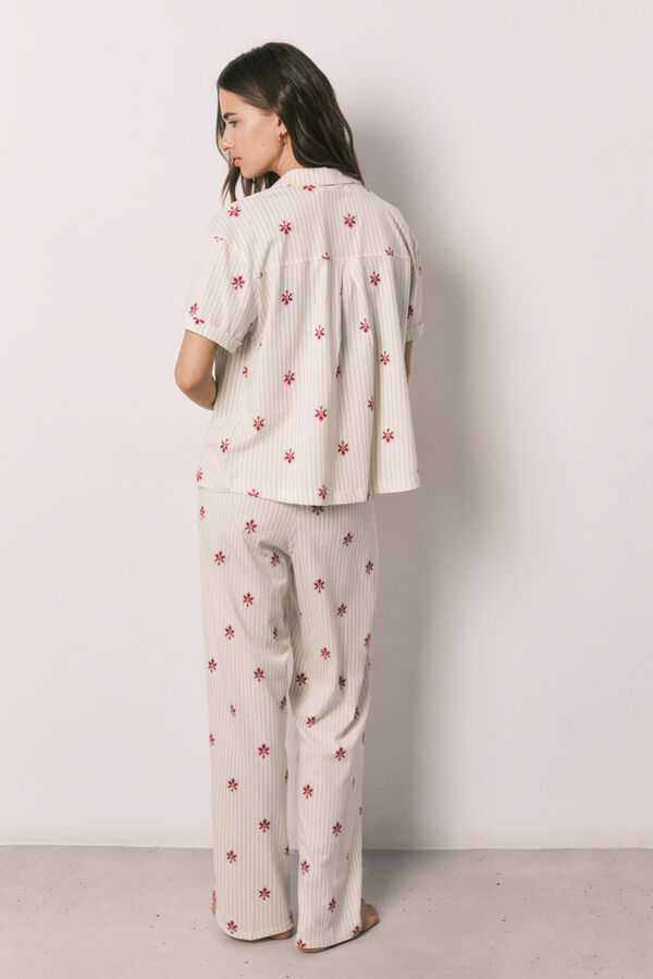 Women'secret Pijama larga camisera de algod&oacute;n a rayas con flores marfil