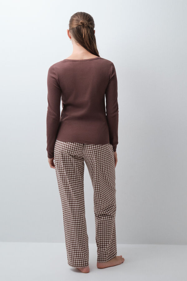 Women'secret Pijama larga de algod&oacute;n a cuadros caf&eacute;