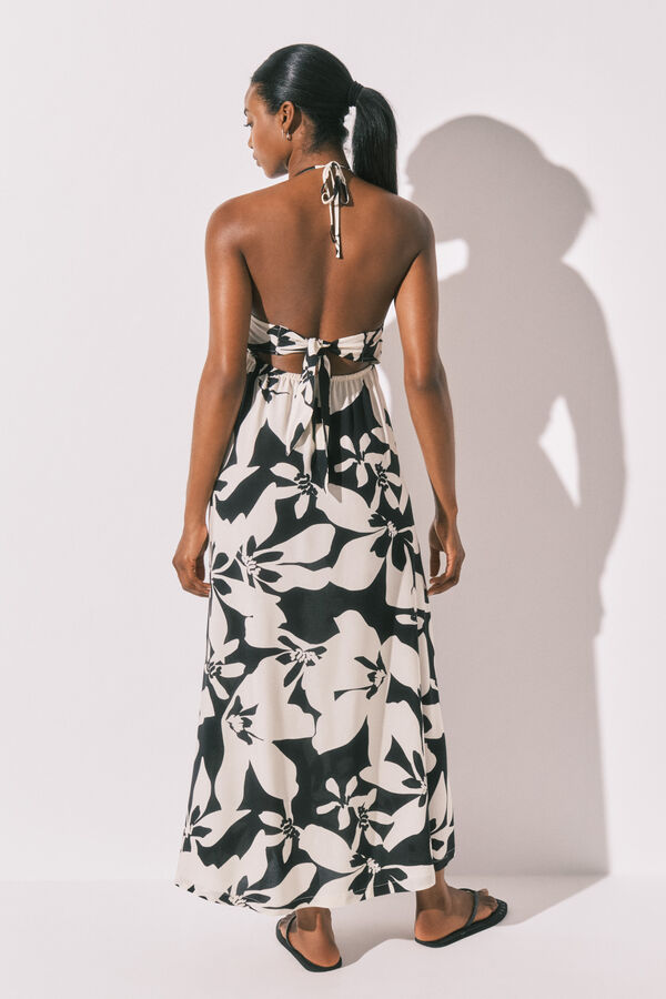 Women'secret Vestido largo estampado floral blanco y negro negro