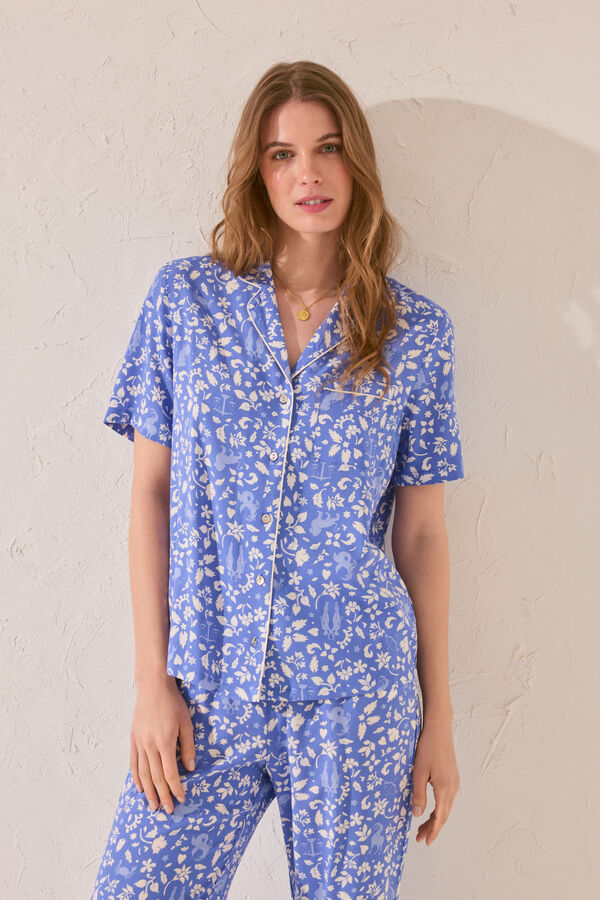 Womensecret Pijama camisera de viscosa con estampado azul estampado