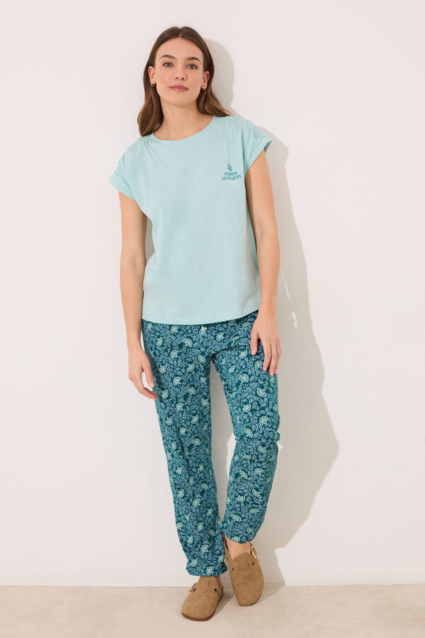 Womensecret Pijama de flores verdes 100% algodón verde