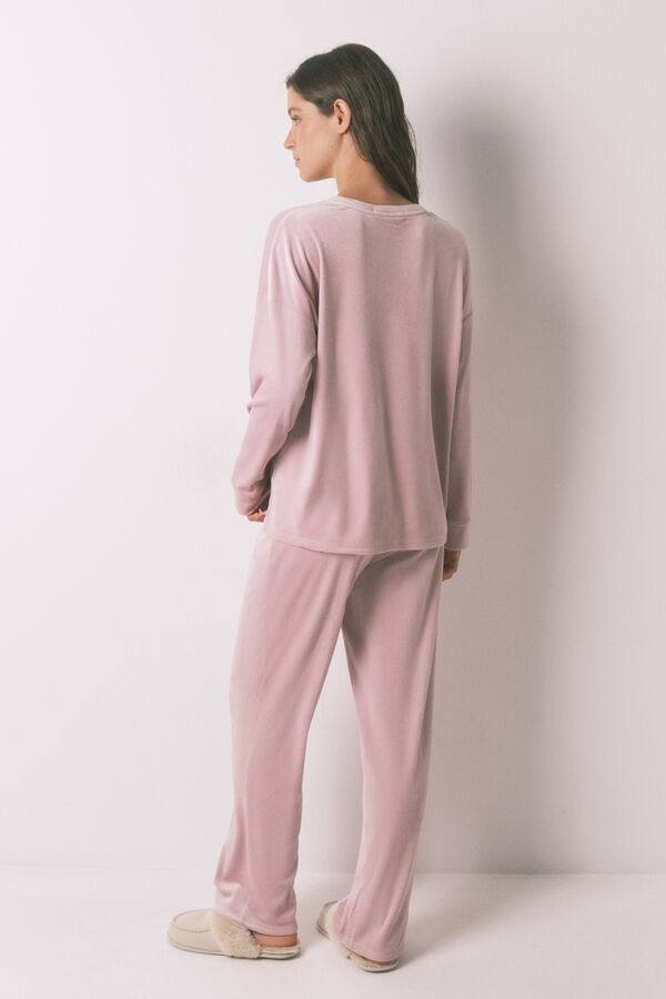 Women'secret Pijama larga de terciopelo rosa con canalé  rosa