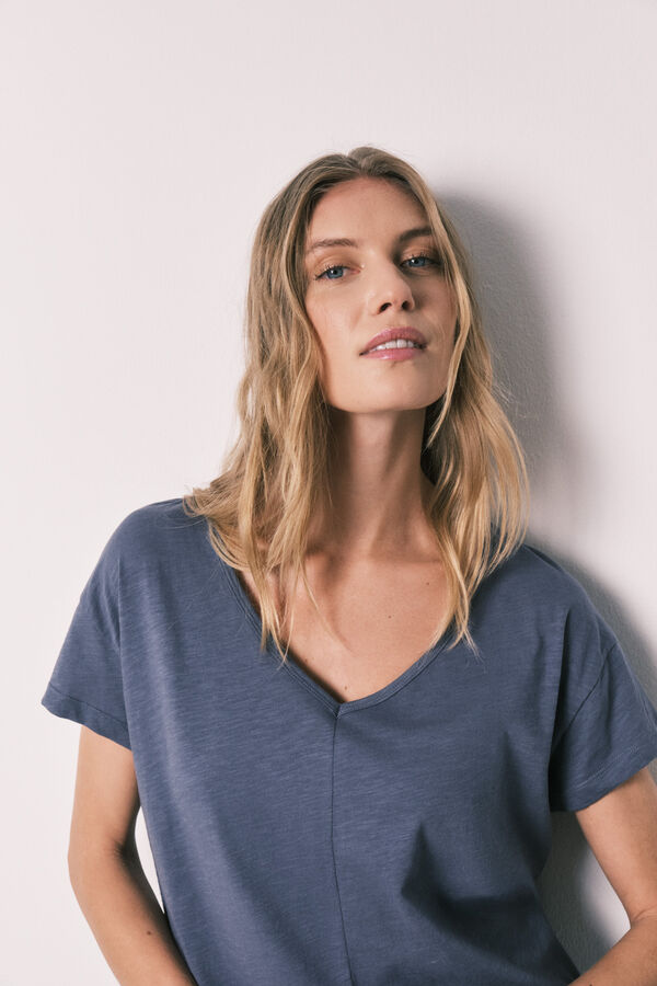 Women'secret Pijama larga de algod&oacute;n de manga corta azul con estampado de bandana azul