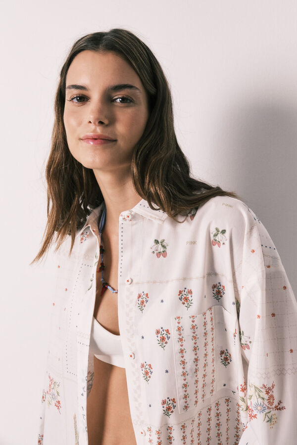 Women'secret Camisa manga larga de popel&iacute;n estampado floral blanco