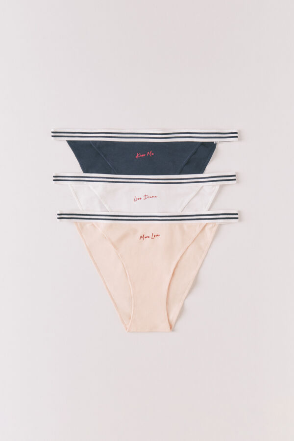 Women'secret Pack 3 panties cl&aacute;sicas con frase estampada de algod&oacute;n blanco