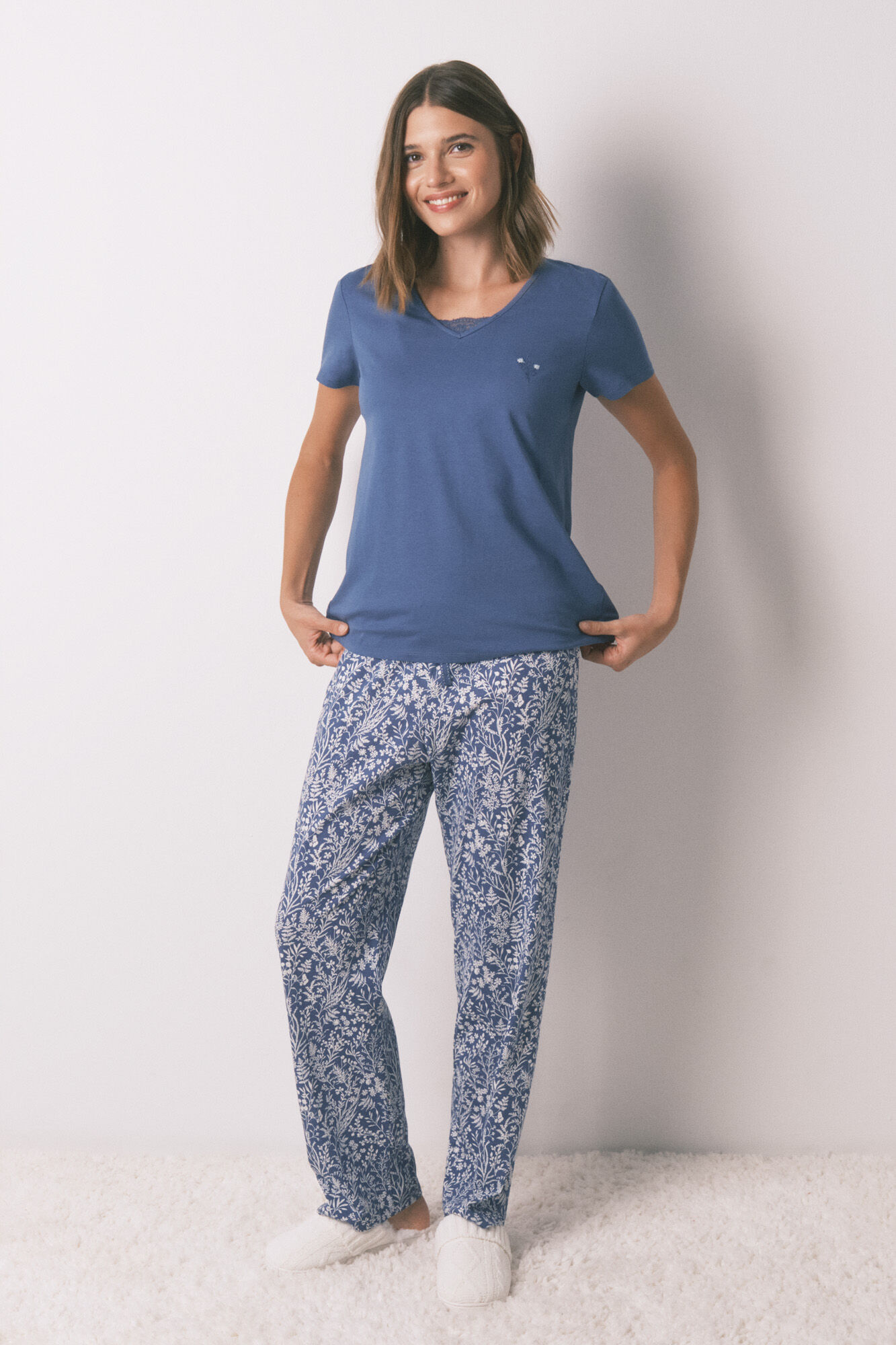 Women'secret Pijama 100% algod&oacute;n con estampado floral azul
