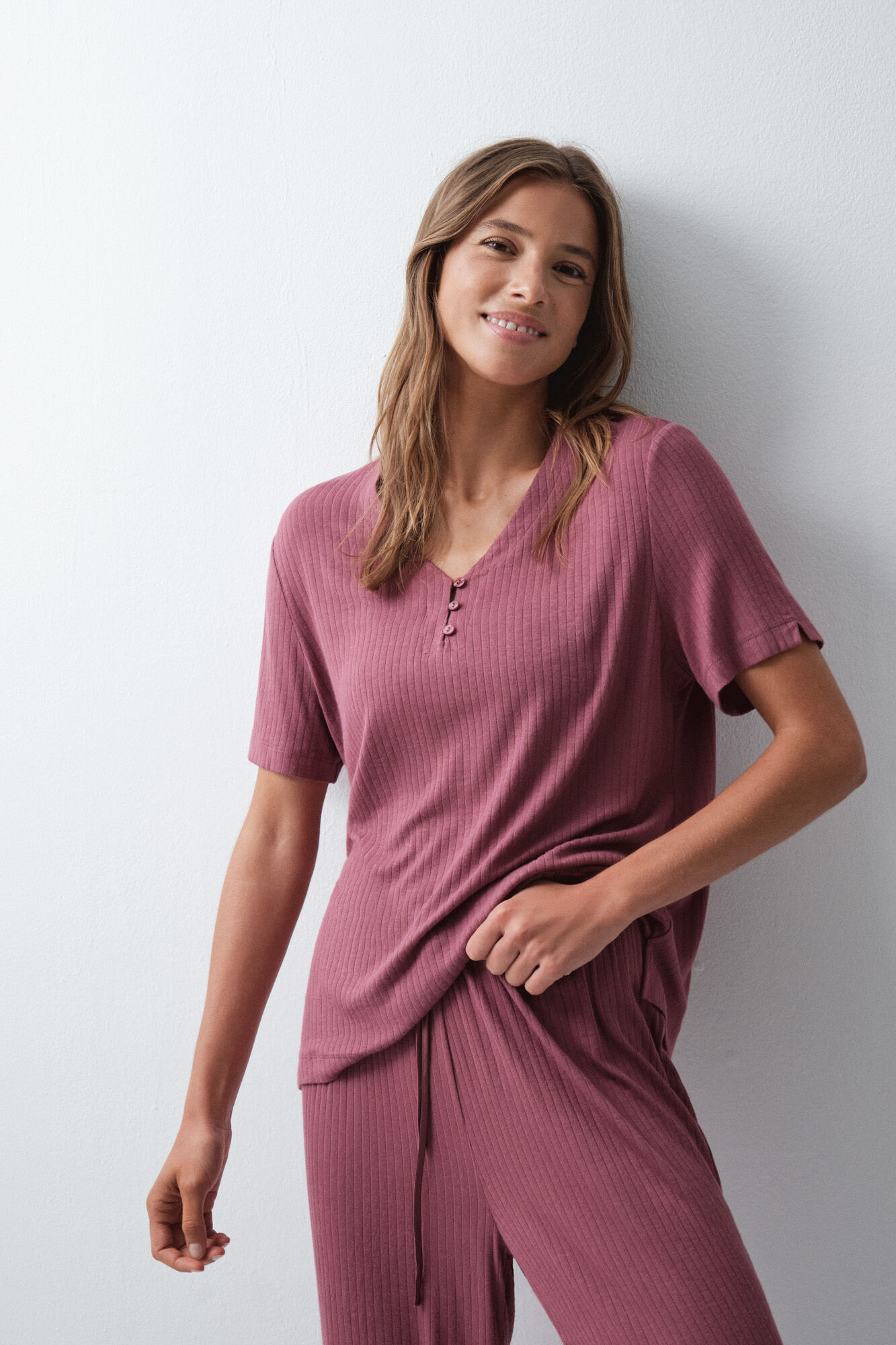 Women'secret Pijama larga de manga corta granate