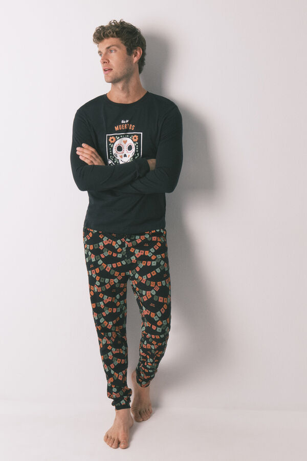 Women'secret Pijama larga "Día de Muertos" 100% algodón en color negro negro