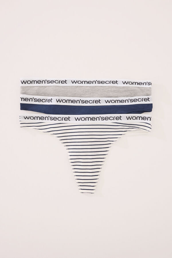 Womensecret Pack de 3 tangas de algodón con estampados mixtos y logo azul