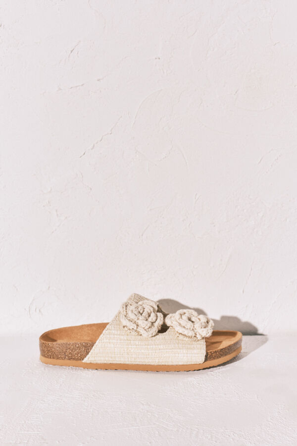 Women'secret Sandalias bio de rafia con flor de crochet beige marfil