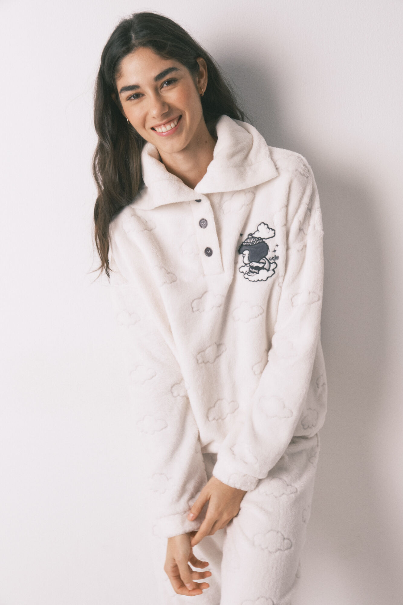 Women'secret Pijama larga estampado de nubes de polar gris