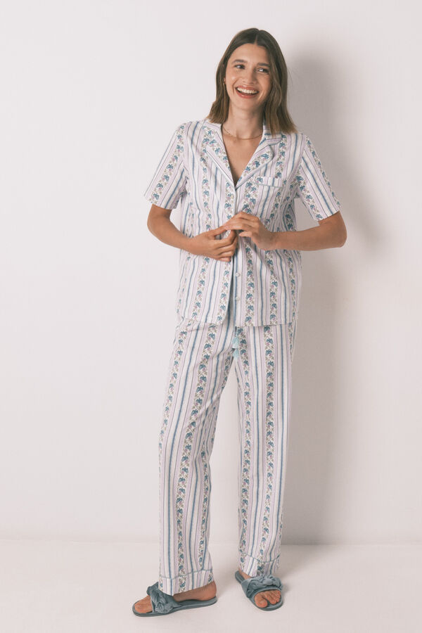 Womensecret Pijama camisera Capri de rayas 100% algodón marfil