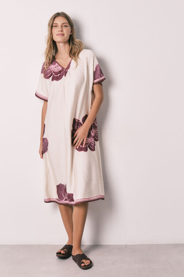 Women'secret Vestido largo de manga corta con estampado floral blanco